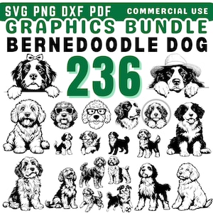 May include: A set of 236 black and white Bernedoodle dog illustrations. The illustrations feature various poses and expressions of the dog breed. The illustrations are perfect for use in digital and physical crafts.