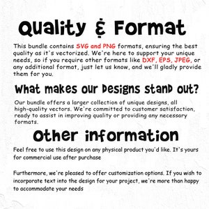 May include: Text explaining the quality and format of a design bundle. It includes SVG and PNG formats, and offers additional formats like DXF, EPS, and JPEG. The text also highlights the bundle's large collection of unique designs and commitment to customer satisfaction.