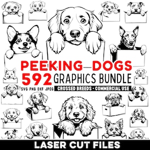 Pudełko Peeking Crossed Breed Dogs | Zestaw cięty laserowo | Pliki do grawerowania DXF | Zastosowanie komercyjne