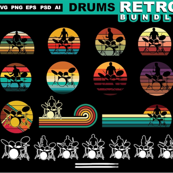 Drums svg files - RETRO BUNDLE Drummer svg musician instant digital downloads