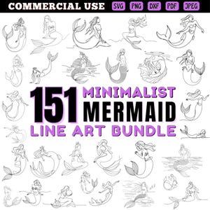 Paquete SVG de arte lineal de sirena minimalista / Archivos de corte de contorno de sirena / Clipart de sirena para Cricut / Manualidades de sirena para hacer tú mismo / Descarga instantánea