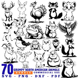 Puede incluir: Ilustraciones en blanco y negro de 70 animales norteamericanos gruñones, incluyendo un ciervo, un conejo y un búho. La imagen incluye el texto "70 Grumpy North American Animals Bundle Commercial Use" en azul, naranja y blanco.
