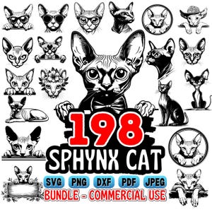 Puede incluir: Una colección de 198 ilustraciones de gatos esfinge en varias poses y estilos, incluyendo algunos con gafas y sombreros. El texto "198 SPHYNX CAT" se muestra en letras blancas en negrita con un número rojo. Incluye formatos SVG, PNG, DXF, PDF, JPEG.