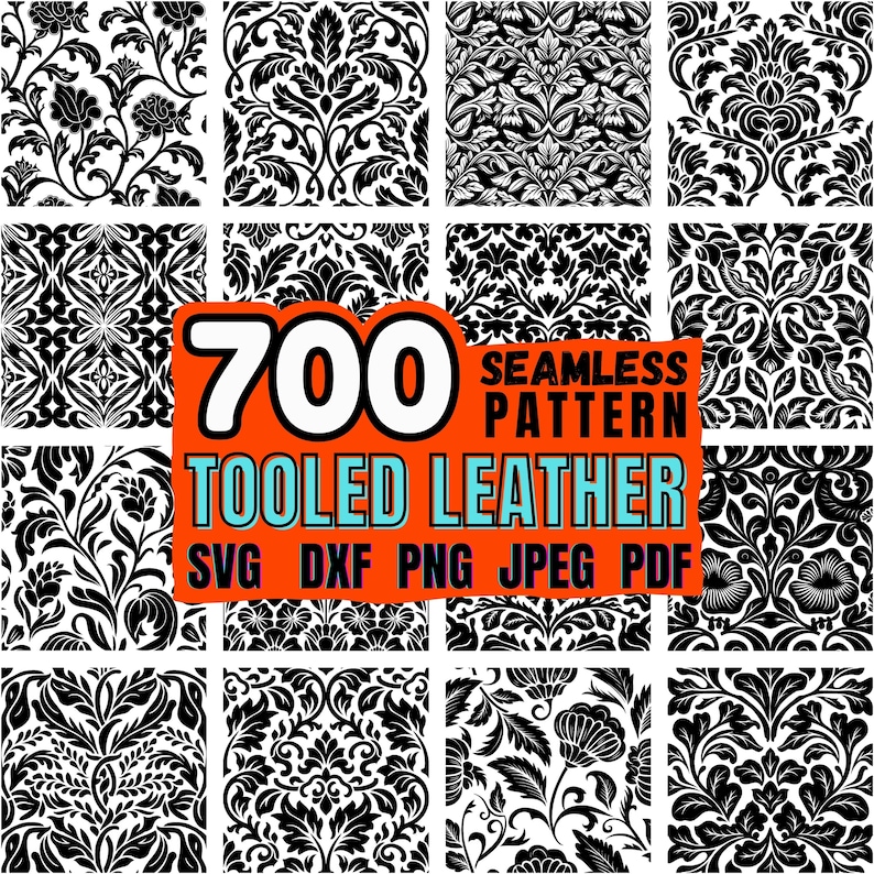 Op de afbeelding: Een digitale download van 700 naadloze patronen in een zwart-wit damastontwerp. De patronen zijn gemarkeerd met "Tooled Leather" en zijn beschikbaar in de formaten SVG, DXF, PNG, JPEG en PDF.