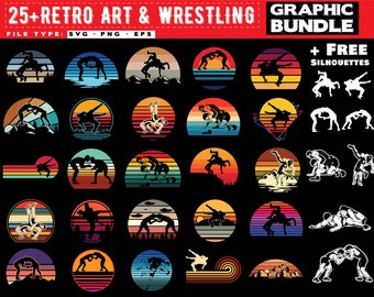 Retro wrestling svg bundle - vintage sunset art graphics for wrestlers and MMA designs, instant download