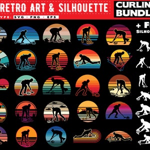 Curling Svg Dxf Pdf Png Jpeg Bundle | Retro Sunset Curling Svg | Vintage Winter Sports Svg Clipart | Curling Player Svg Files