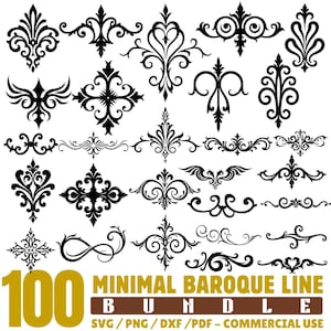 May include: A collection of 100 minimal baroque line designs in black. The image includes various ornamental elements, such as flourishes, borders, and decorative motifs. Text at the bottom reads "MINIMAL BAROQUE LINE BUNDLE" and "SVG/PNG/DXF/PDF - COMMERCIAL USE."