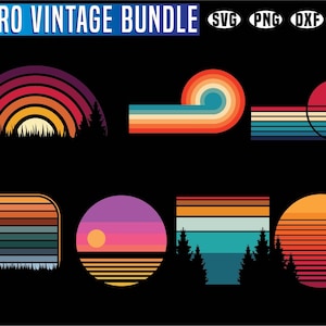 May include: A set of eight retro-style graphic designs featuring colorful stripes and sunbursts. The designs are perfect for creating digital or physical crafts, such as t-shirts, mugs, stickers, and more.