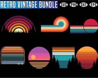 May include: A set of eight retro-style graphic designs featuring colorful stripes and sunbursts. The designs are perfect for creating digital or physical crafts, such as t-shirts, mugs, stickers, and more.