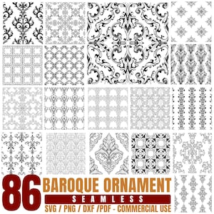 Puede incluir: Una colección de 86 patrones de adorno barroco sin costuras en blanco y negro. La imagen muestra varios diseños florales y de volutas, adecuados para proyectos de arte y diseño digital. El texto en la imagen dice "86 Baroque Ornament Seamless SVG / PNG / DXF / PDF - COMMERCIAL USE."