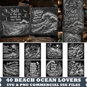 May include: A collection of forty square digital graphic files featuring black and white illustrations of beach and ocean themes. Designs include waves, seashells, lighthouses, and driftwood with various nautical quotes and phrases in typography.