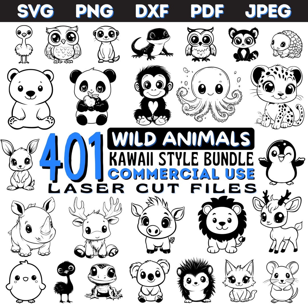 Laser Cut Files Wild Animals Kawaii Style Svg Dxf Png Pdf Jpeg Bundle ...