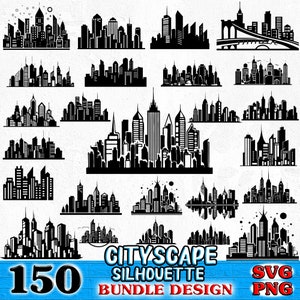 May include: A set of 150 black and white cityscape silhouette designs in SVG and PNG format. The designs feature various cityscapes with skyscrapers, bridges, and other urban elements.