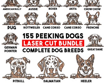 Paquete de corte láser Peeking Dogs Svg Dxf Pdf Png Eps - Razas completas cachorro perro amante diseños de grabado archivos CNC descargas digitales instantáneas