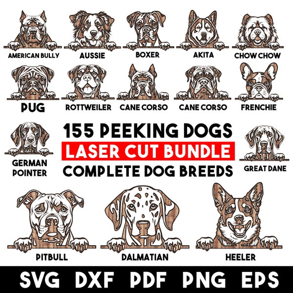 Paquete de corte láser Peeking Dogs Svg Dxf Pdf Png Eps - Razas completas cachorro perro amante diseños de grabado archivos CNC descargas digitales instantáneas