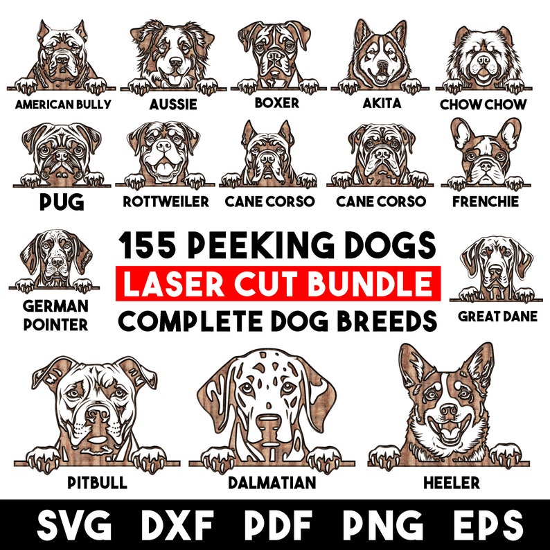 Laser Cut Bundle Peeking Dogs Svg Dxf Pdf Png Eps Complete breeds puppy dog lover engraving designs CNC files instant digital downloads image 1