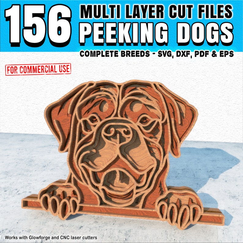 May include: A digital download of 156 multi-layer cut files for creating peeking dog designs. The files are compatible with Glowforge and CNC laser cutters. The image shows a brown wooden cutout of a dog peeking over a ledge.