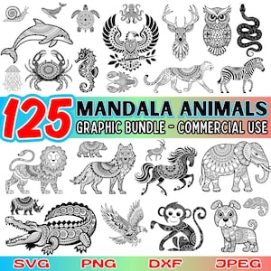 Mandala dieren grafische SVG | Animal DXF-bundel voor Cricut | Mandalakunstontwerpen | Dierlijke clipartbestanden voor commercieel gebruik