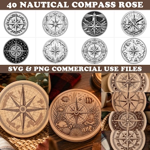 Pode incluir: Uma coleção de 40 designs de rosa dos ventos náutica em preto e branco, com várias ilustrações circulares incluindo faróis, mapas e vida marinha, apresentados como arquivos SVG e PNG para uso comercial com porta-copos de madeira.