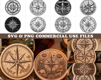 Nautical Compass Rose Coaster SVG & PNG Bundle for Digital Cutting and Engraving instant downloads