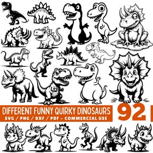 May include: A collection of 20 black and white dinosaur illustrations in various poses and styles. The image includes text that reads "DIFFERENT FUNNY QUIRKY DINOSAURS" and "92". The illustrations are suitable for SVG, PNG, DXF, and PDF formats.