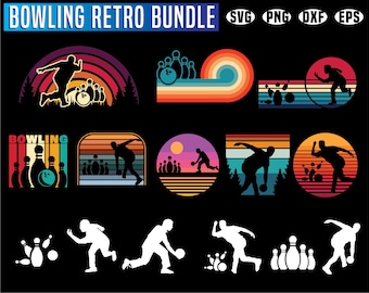 Paquete de bolos en formato SVG y PNG con diseños de bolas y bolos vintage para amantes de los deportes retro y regalos de equipo. Descargas instantáneas.