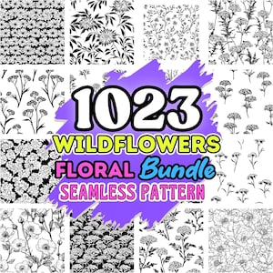 Może przedstawiać: Cyfrowa ilustracja 1023 Wildflowers Floral Bundle Seamless Pattern. Obraz przedstawia 12 różnych wzorów kwiatowych w czerni i bieli.