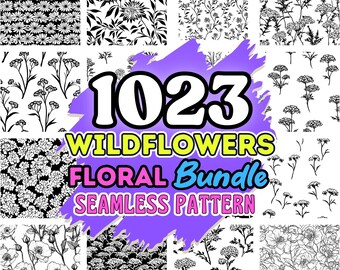 May include: A digital illustration of 1023 Wildflowers Floral Bundle Seamless Pattern. The image shows 12 different floral patterns in black and white.
