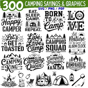 Puede incluir: Una colección de 300 frases y gráficos de camping en formatos SVG, PNG y PDF. Los diseños presentan frases e ilustraciones temáticas de camping, incluyendo tiendas de campaña, fogatas y caravanas, en blanco y negro.