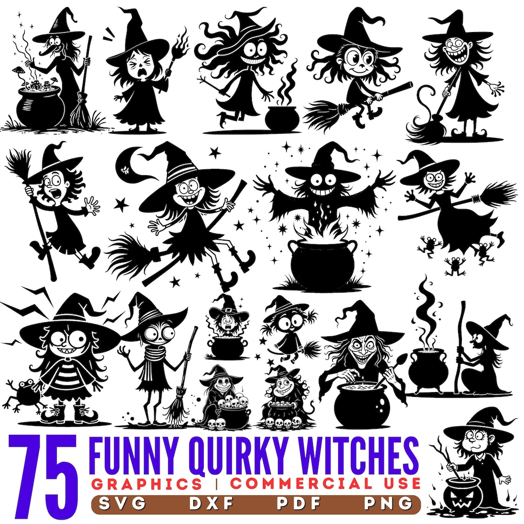 Silly Witch Pattern Different Funny Quirky Witches Svg Png Pdf & Dxf Bundle for Cricut ...