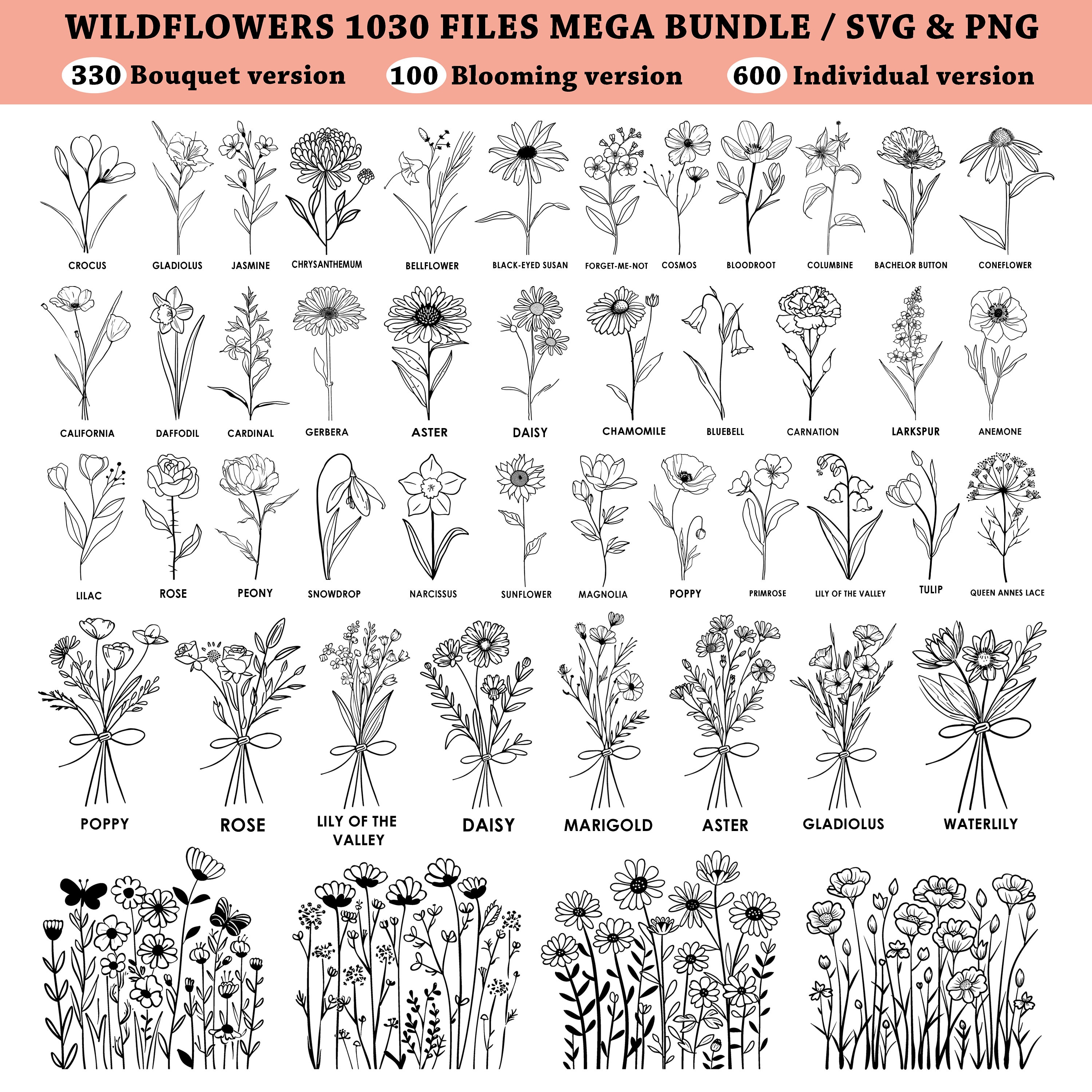 1030 Wildflower SVG Mega Bundle SVG and PNG - Wild Flowers