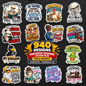 May include: A collection of 14 colourful stickers featuring various cartoon characters including a skeleton, cat, chicken, panda, cow, raccoon, crow, cactus, duck, and axolotl, each paired with humorous text like Professional Page Turner and 940 Designs.
