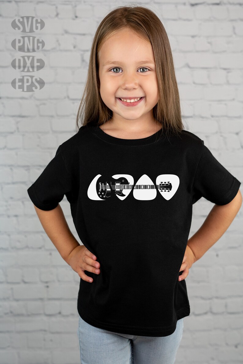 May include: A black t-shirt with a white graphic of a guitar made out of guitar picks.