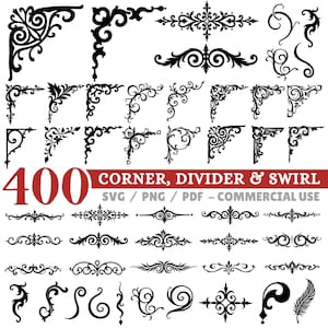 Könnte beinhalten: Eine Sammlung von 400 schwarzen Eck-, Trenn- und Wirbeldesigns. Die Designs umfassen verzierte Eckelemente, dekorative Trennlinien und Wirbelmuster. Der Text "400 CORNER, DIVIDER & SWIRL" ist rot, darunter "SVG / PNG / PDF - COMMERCIAL USE".