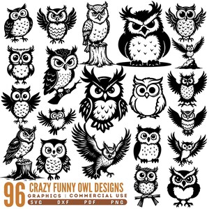Pode incluir: Uma coleção de ilustrações de corujas em preto e branco, em várias poses. Algumas corujas estão empoleiradas em tocos ou galhos, outras com as asas abertas. A imagem inclui o texto "CRAZY FUNNY OWL DESIGNS".