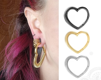 1pc cute Stainless Steel heart hinged ear weights with clicker closure in Gold, Silver & Black | Gauge size 4mm – 6g - 5/32"