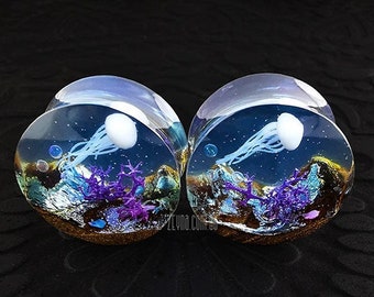 Pair 18mm 11/16” Resin Double Flare Jellyfish ocean underwater plugs in | 20mm 13/16” 22mm – 7/8” | stretched gauge earring