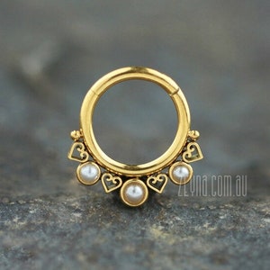 16g x 6mm, 8mm, 10mm White pearl and GOLD PVD tiny heart 316L surgical steel segment clicker ring | daith tragus helix rook septum | 1pc