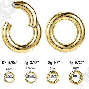 Small diameter 8mm x 6g 8g 10g 12g Titanium thick hinged Gold PVD clicker | gauges 4mm 5/32" 3mm 1/8" 2.5mm 3/32" 2mm 5/64" x 8mm 5/16"