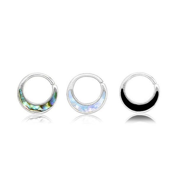 8mm Tiny bendable earring or septum nose ring in Sterling Silver with Onyx, Abalone or Mother of Pearl - Gauge 1.2 mm / 16ga