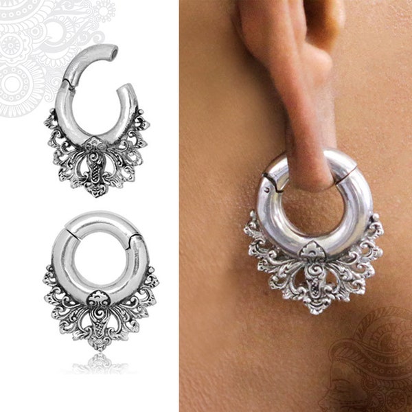 PAIR 4mm or 6mm Small Antique ornate style solid white brass hinged ear weights with magnetic closure 6g 2g 5/32" 1/4”| Hangers stretchers