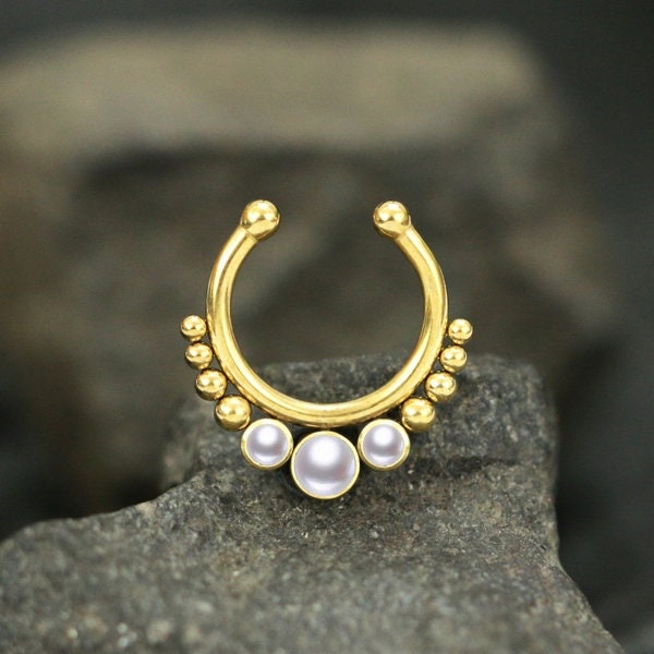 faux 16g x 8mm Tiny White PEARL and GOLD PVD surgical steel ring | fake piercing imitation |  ear cuff septum nose earring 16ga 1.2