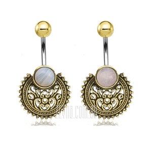 Exotic ornate 316L Steel and Brass Navel Bar with Rose Quartz or Botswana Agate ~ Size 1.6 x 9mm bar and 5mm ball