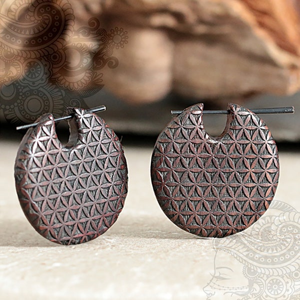 Pair of hand carved flower of life wood earrings | Organic engraved pin earrings | Handmade | gauge 1.2 mm (16g)