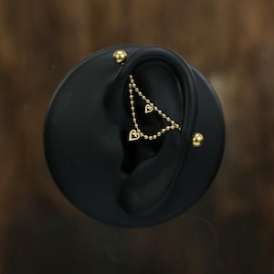 14g Drop HEARTS gold or silver steel chain industrial piercing barbell with hand-welded hearts made from surgical steel 316L | 33-35mm