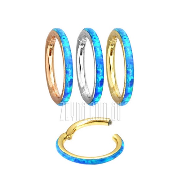 16g x 8mm Blue opal tiny silver or gold or rose gold hinged surgical steel segment clicker ring -- earring septum nose helix 16ga 1.2mm
