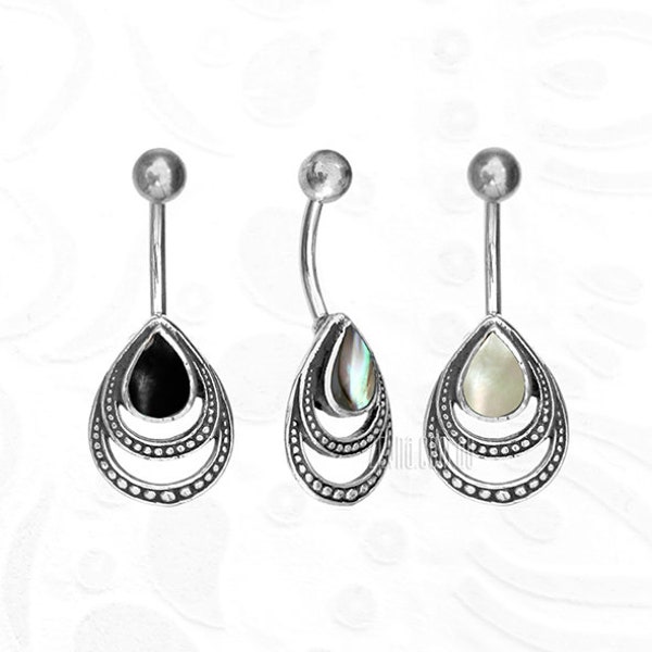 14g Silver and 316L Steel belly navel ring with Black Pearl, Mother of Pearl or Abalone