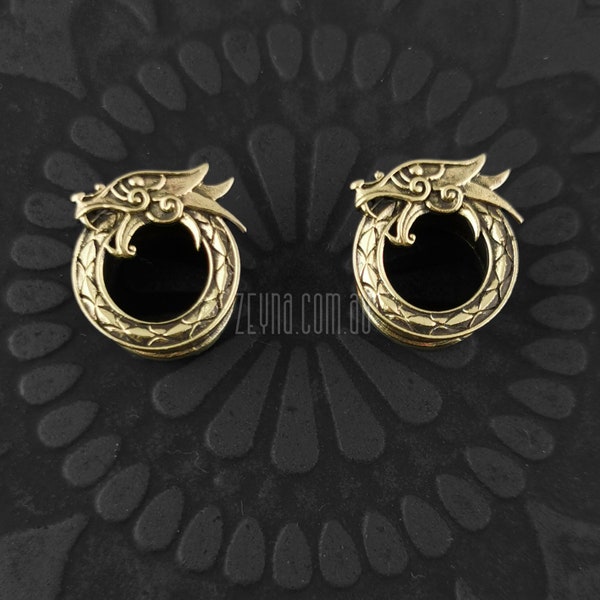 VIKING Ouroboros Brass Midgard Serpent tunnel gauge earring - 6mm (1/4"), 8mm (5/16"), 10mm (3/8"), 12mm (1/2"), 14mm (9/16"), 16mm (5/8")