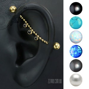 GOLD 316L Surgical steel chain industrial piercing barbell with Pearl Onyx Opal or Turquoise | Gold PVD coated | Ready to ship