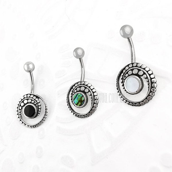 14g Ornate Silver and Steel navel belly ring with Black Pearl, Abalone or Mother of Pearl